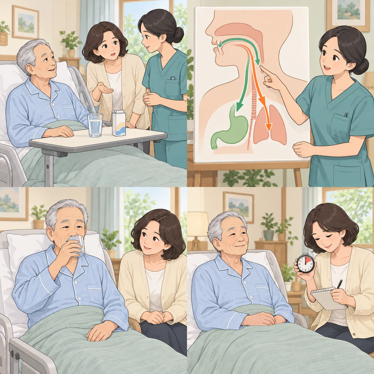 물과 영양식 앞에서 환자·보호자·간호사가 먼저 상태를 확인하는 모습